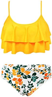 SHEKINI Girls Floral Printing Bathing Suits Ruffle Flounce Two Piece Swimsuits (Yellow - B, 10-12 Years)