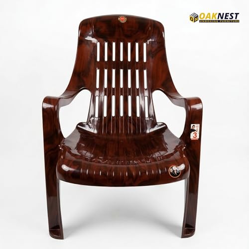 Image of Oaknest Unboxing Furniture Celloo Premium Plastic Relaxing Chair with Armrests | Ergonomic High-Back Lounge Seating for Home, Garden & Balcony (Rosewood), Count of 4