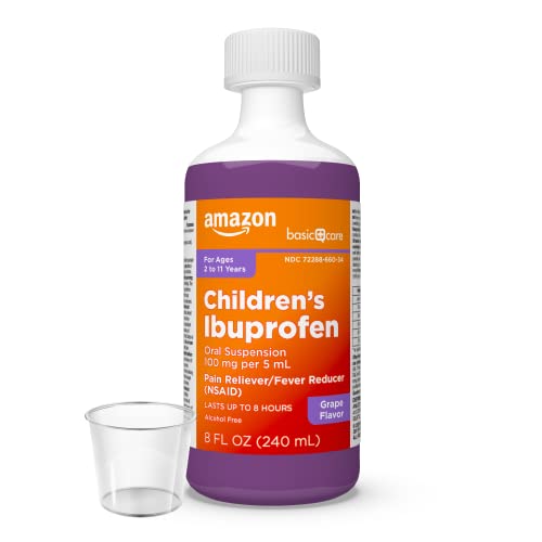 Image of Amazon Basic Care Children's Ibuprofen Oral Suspension 100 mg per 5 mL, Pain Reliever and Fever Reducer, Grape Flavor, For Minor Aches, Sore Throat, Headache Relief and More, 8 fl oz (Pack of 1)
