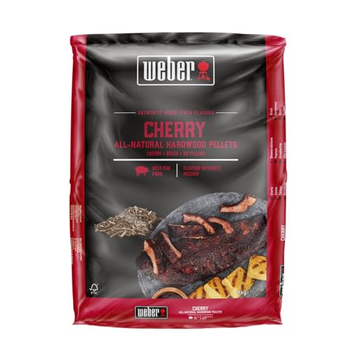 Weber Pellets de madera de cerezo/madera de cerezo natural para barbacoas de pellets con sabor sutil, afrutado, dulce, ahumado, sin rellenos, ideal para cocción baja y lenta, bolsa de 8 kg