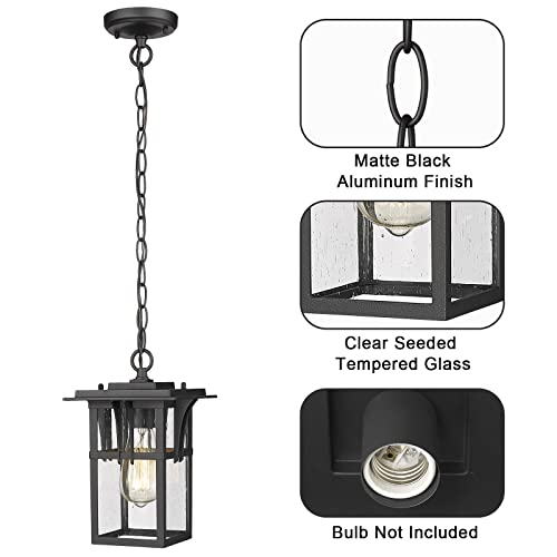 Darkaway Outdoor Pendant Light Fixture, Outdoor Hanging Light Porch Lights Fixtures Anti-Rust Waterproof Aluminum With Seeded Glass For Porch Entryway Doorway Black #TOP5