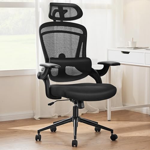 Sweetcrispy Office Chair Ergonomic Desk Chair, 300 LBS Home Mesh Office Desk Chairs with Wheels, 2D Headrest, Up&Down Lumbar Support, Swivel High Back Computer Chair with Flip-up Armrests,Dark Black