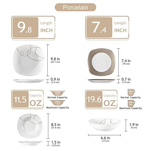 Veweet, Series Nikita, Plates And Bowls Sets For 6, Square Dinnerware Sets, 24 Piece Dish Set Dinner Plates, Modern Plate Set, Minimalist Brown Lines Crockery Set #TOP2