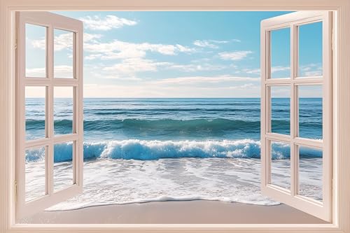 WOOHOOROO Calcomanías 3D para pared de ventana falsas, horizonte del océano con vista de cielo azul, calcomanías autoadhesivas y extraíbles, 32 x 48 pulgadas