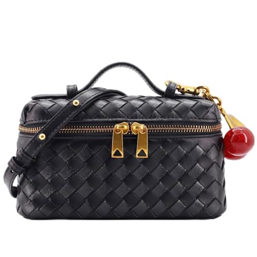 Image of Small Woven Box Crossbody Bags for Women Designer Leather Mini Top Handle Clutch Purse Square Vanity Bag with Cherry Charm