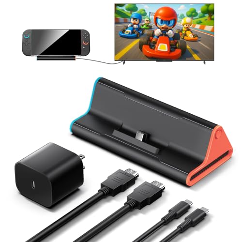 Switch 2 - Estación de acoplamiento portátil para TV, soporte de carga de viaje con puerto HDMI 2.0, interruptor 2 accesorios (base con adaptador)