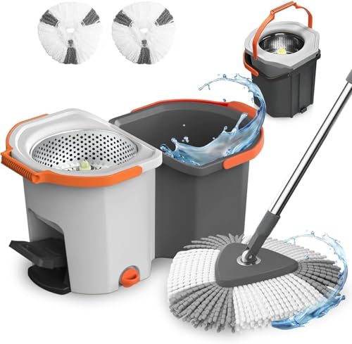 Image of EXVITO 360Spin Mop with Bucket | Dual Drive Floor Cleaning System with Stainless Steel Wringer | Super Absorbent Microfiber Heads 2 Refills Easy Self-Wringing MopSet for Home &Office - Pedal White