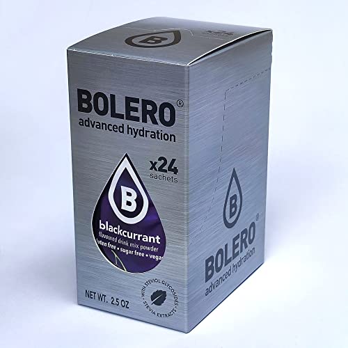 Bolero Drink 24 bolsitas 3 gr Sticks Frutas Preparado Polvo Soluble Para Bebida Fresca en Agua Producto, 72 gramos endulzado con stevia (Blackcurrant)