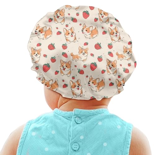 Image of Cute Corgi Satin Bonnet for Kids Satin Sleep Cap Strawberry Night Hat Sleeping with Elastic Adjustable Band Head Hair Cover Comfort Sleeping Beanie Headwear for Toddler Baby Boys Girls
