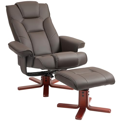 HOMCOM Sillón Reclinable con Reposapiés Sillón de Salón con Tapizado en PU y Estructura de Madera Carga 150 kg Butaca para Dormitorio Sala de Estar Marrón