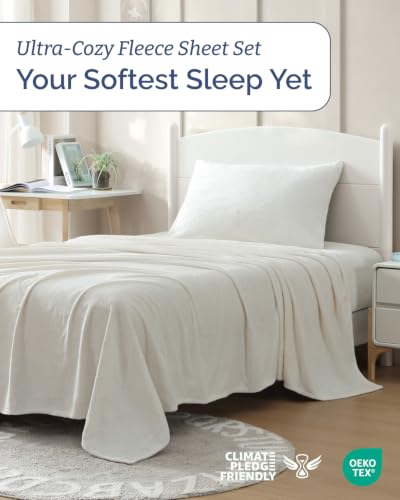 Image of Fleece Sheets Twin XL Size Set - 3-Piece Velvet Flannel Sheet Set - Ivory