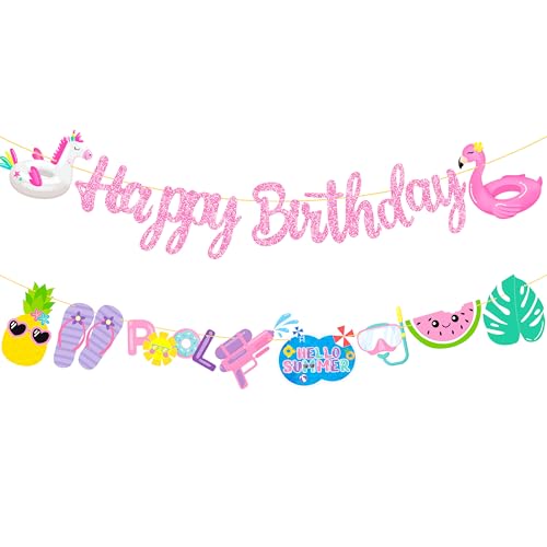 Pool Birthday Party Banners 2Pcs Swimming Pool Party Cutout Banners Glitter Pink Hawaii Pool Party Garlands Baby Shower Decorations Hello Summer Pool Supplies for Girls by C L cooper life - Used condition - US$6.50