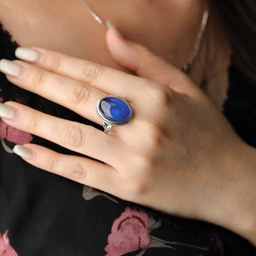 Oval Mood Ring for Women - Vintage 925 Sterling Silver Rings with Large 18mm Temperature Sensitive Stone, Color Changing Emotional Healing Jewelry, Sentimental Gift for He4