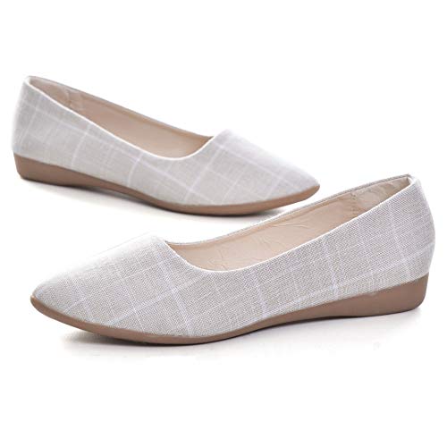 Henoo Women's Pointed Toe Flats,Casual Slip On Soft Plaid Flats Shoes,Beige