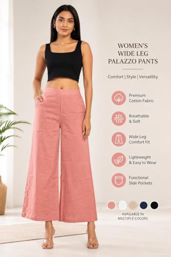 Image of Women Airy Linen Wide Leg Pants | High Waist Casual Summer Trousers | Lightweight Breathable Palazzo Pants BPWLCB01 PRT