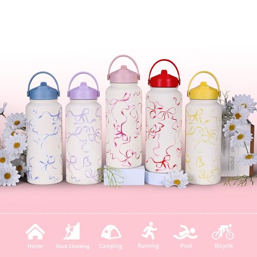 Goetland Ribbon Water Bottle with Straw Lid 32 oz Stainless Steel Wide Mouth Vacuum Double Insulated Drinking Cup Cute Leakproof UV Printing For Women Girls Pink by Goetland - Used condition - Image 6