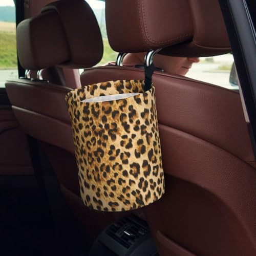 Image of Car Garbage Bag Brown Leopard Mini Car Trash Bin Portable Collapsible Waterproof Rubbish Bag for Car Accessories Back Front Seat Cup Holder