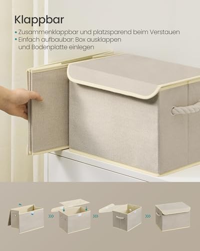 SONGMICS Aufbewahrungsbox mit Deckel, 3er Set, klappbar, Stoffboxen, Aufbewahrung, Organizer, für Kleiderschrank, Griffe, für Schlafzimmer, Wohnzimmer, 38 x 25 x 25 cm, sandbeige RFB013LZ01