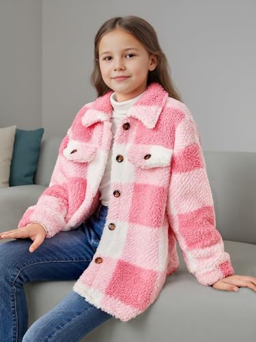 Girls Plaid Coat Long Sleeve Button Warm Fall Winter Jacket Fashion Pink Coats Outerwear for 8-12Y4