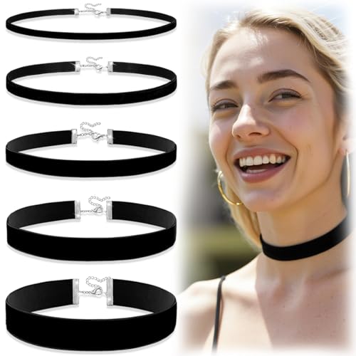 TEOZBLU 5 Stück Damen-Choker-Halskette, Verstellbare Klassische Kropfband Schmuck,Schwarze Chocker,für Frauen und Mädchen