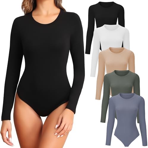 TVKSOM 5/4 Pack Women's Long Sleeve Bodysuits Basic Layering Round Neck Top