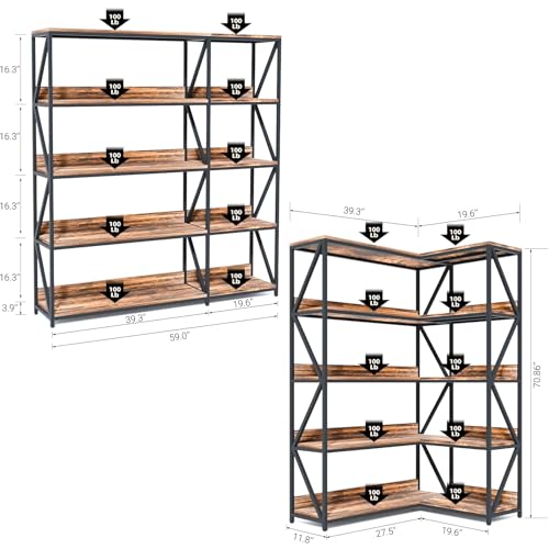 5 Tier Bookshelves with LED Plant Grow Lights, Convertible Corner Bookshelf with Baffles, 70\" Tall Industrial Bookcase, Display Shelf, Wood Shelves with Metal Frame for Living Room Bedroom Home Office - Thumbnail 2