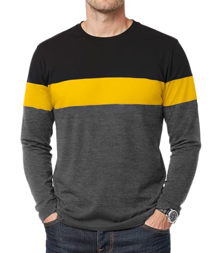 Decrum Mens Long Sleeve Tee Shirts - Two Tone Full Sleeve T-Shirts Men | [40133236] BlkYlwChcl, XXL