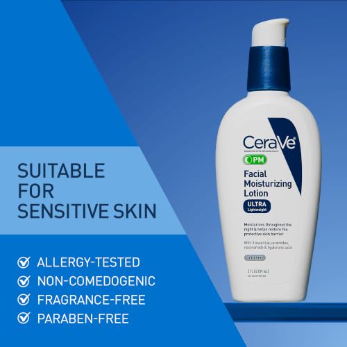 CeraVe PM Facial Moisturizing Lotion, Night Cream with Hyaluronic Acid and Niacinamide, Ultra-Lightweight, Oil-Free Moisturizer for Face, 3 Ounce