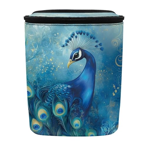Image of Talayituse Blue Peacock Print Car Trash Bin, Large Size Auto Trash Can Adjustable Portable Garbage Can with Lid, Vehicle Hanging Bag for Headrest Front Back Seat