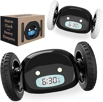CLOCKY Loud Rolling Alarm Clock on Wheels Black and Black Wheels