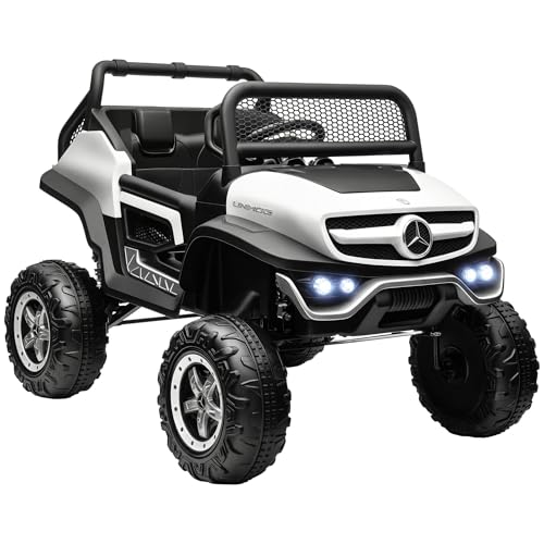 HOMCOM Coche eléctrico 4x4 para niños Quad eléctrico de 3 a 8 años 12 V Mercedes-Benz Unimog 2 Motores con Mando a Distancia, Ruedas suspendidas, bocinas, Luces, música, Blanco