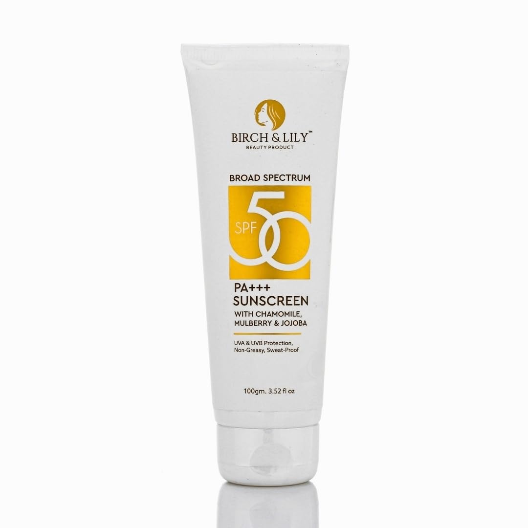 Sunscreen SPF 50 | PA+++, with Chamomile, Mulberry & Jojoba | Broad Spectrum UVA & UVB Protection, Lightweight, Sweat-Proof, Non-Greasy | 100gm