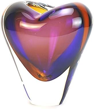 Murano Glass Design Crystal Heart Vase Topaz Amethyst 7" Ht. 6" Length
