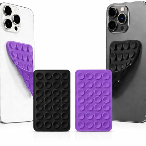 Image of GooseBox Suction Phone Case, Silicone Suction Phone Case for Hands-Free Mobile Accessory Holder Grip, Video Phone Accessory Compatible Mirror, Shower (Black & Purple, Pack of 2)