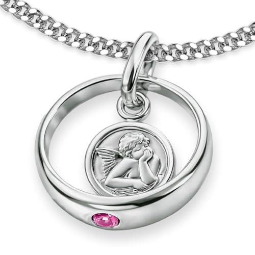 CLEVER SCHMUCK Taufringkette mit Schutzengel Ø 12 mm Engel rund Zirkonia rosa Kette Panzer 36 cm glänzend STERLING SILBER 925 Taufgeschenk für Mädchen