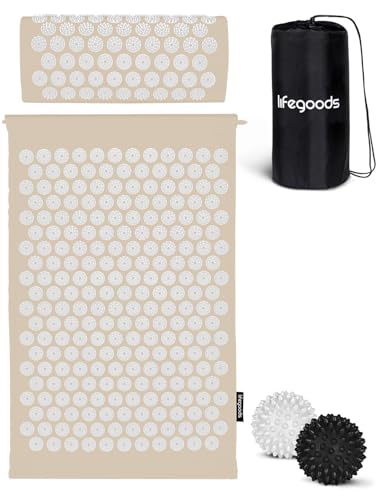 LifeGoods Esterilla de acupresión con cojín – Esterilla de acupresión – Esterilla de acupresión + – Esterilla de acupuntura – Alfombrilla de masaje – Espalda – Esterilla de púas – Esterilla de Faquir