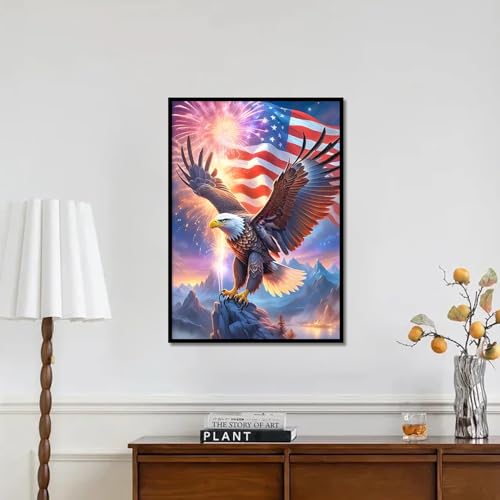Image of DIY 5D Diamond Painting Kits for Adults, Bald Eagle American Flag Independence Day Fireworks Diamond Art Kits for Adults, Full Drill Round Gem Art Kits 4th of July Patriotic Wall Decor 12x16 Inch