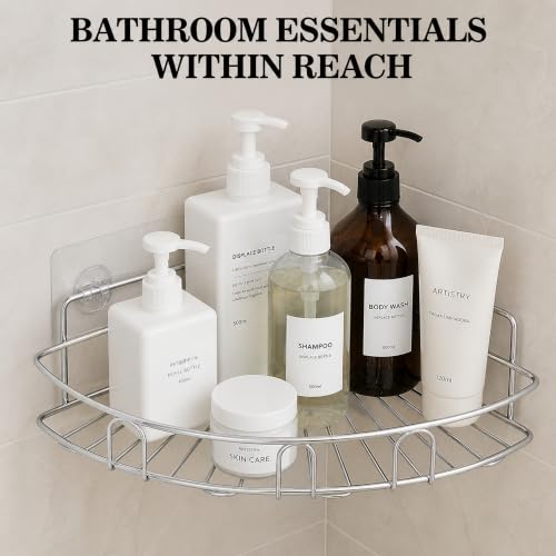 Image of Sulfar Bathroom Organiser Without Drill Bathroom Corner Shelf Adhesive Stand for Corner Rack for, Shampoo Holder Multipurpose Shelf (Silver)