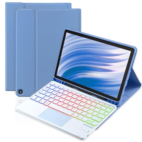 MePadKey Trackpad Keyboard Case for Amazon Fire HD 10/10 Plus 10.1 inch 2021/2023(11/13th Generation) 7-Color Backlight Rechargeable Keyboard with Kids Multi-Angle Cover for Tablet (Blue)