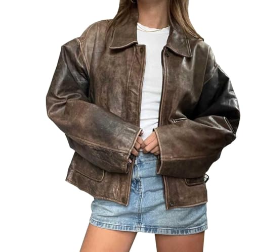 80s Oversize A2 Military Vintage Style Distressed Brown Lambskin Real Leather Jacket