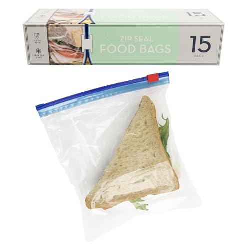15 All Purpose Food Bags, 1L Resealable Sliding Zip Bags, BPA free, Tight Seal, Perfect for Keeping Produce Fresh, Freezing, Transporting and Organisation (1 Pack)