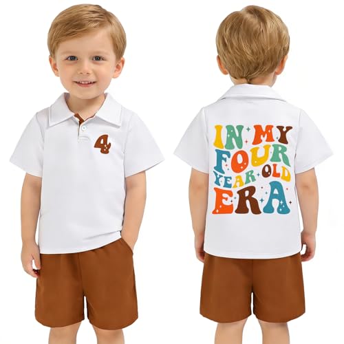 Viworld Toddler Boy 4th Birthday Outfit 3 Year Old 2-Sided Print Polo and Shorts 2Pcs for Celebration & Photoshoot 4T