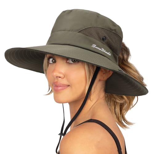 DRESHOW Femme Soleil Chapeau l'extérieur UV Protection Pliable Large Bord Pêche à Cheval Queue Chapeau UPF 50+
