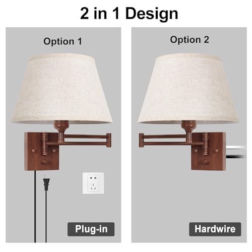Image of TRLIFE Wall Sconce Plug in, Remote Control Dimming 10-100% and Adjustable Color Temperature 2700K-6500K Swing Arm Wall Lights with Plug in Cord, 11.8 inch Large Beige Fabric Shade(2 Pack, Walnut Color)