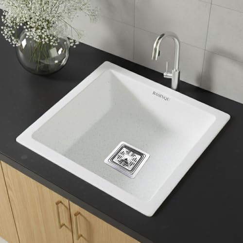 Image of BASINQU Quartz Sink for Kitchen | 18x16x9 Inches Sand-Pluto Single Bowl Kitchen Sink | Granite UV Protected, Granite Scratch Resistant, Undermount /Topmount