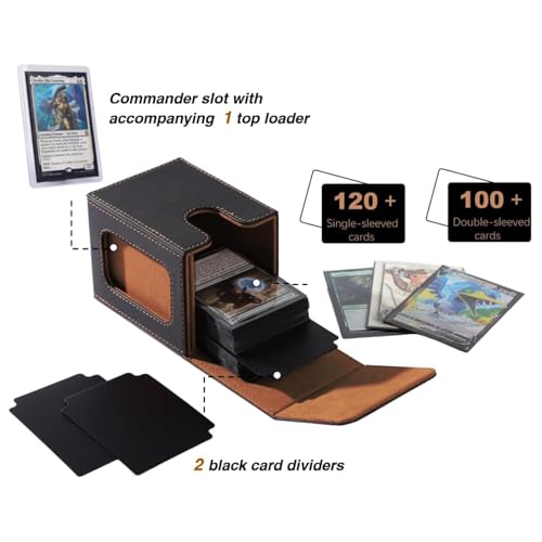 Image of Venssu MTG Deck Box for Commander Display,Card Deck Box Fits 100 Double Sleeved Cards, TCG Card Storage with 2 Dividers and 1 Toploader (Black&Brown)