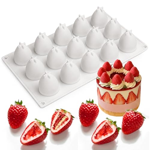 Juome 3D Strawberry Silicone Mold For Mousse Cake - 15 Cavity Fruit Pudding Strawberry Molds For Baking Pastry, Ice Cream, Cake Decoration Mould Supplies