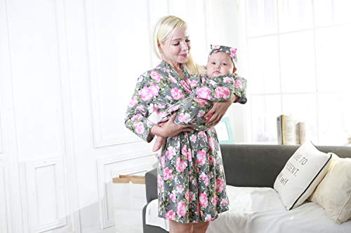 4 Pack Maternity Robe And Matching Baby Swaddle Blanket With Hat Headband Set, Stretchy Knitted Delivery Nursing Dress With Pockets And Receiving Blanket For Mummy And Baby (Grey Flower) #TOP3