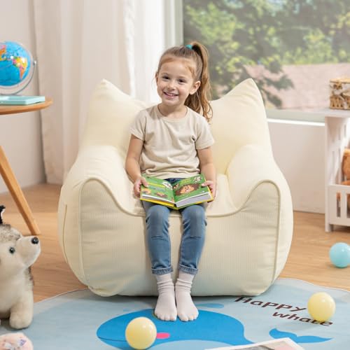 HOMMPA Kids Bean Bag Chair Toddler Boy and Girl Seat Memory Foam Sofa Corduroy Fabric Bean Bag Chairs for Playroom, Living Room, Bedroom,Beige