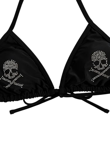 WDIRARA Women's Goth Skull Triangle Halter Bikini Top Rhinestone Tie Back Swimsuit Tops Swimwear3